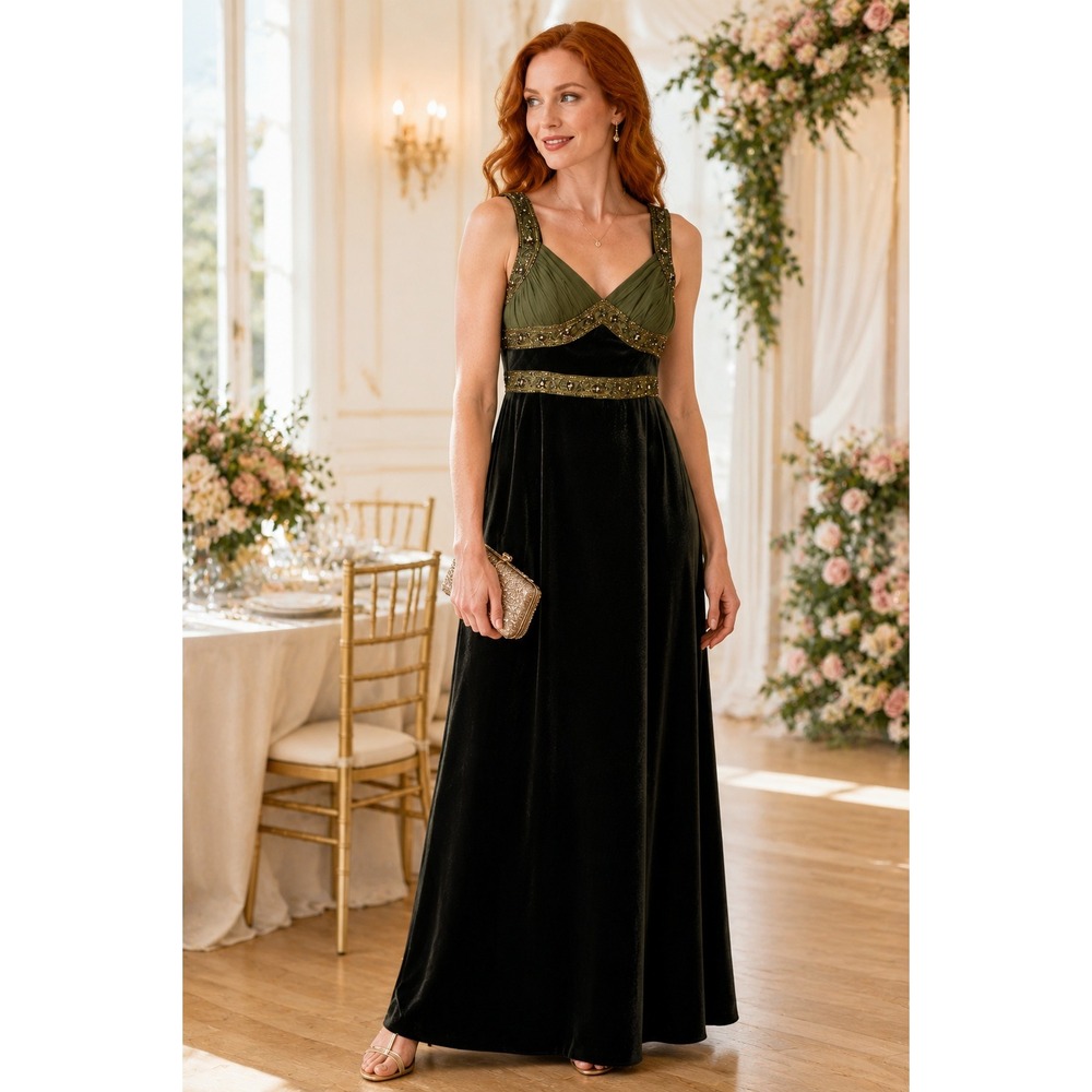 Talbots Dress 12P Womens Green Velvet Silk Beaded Bodice Maxi Sleeveless Fairy